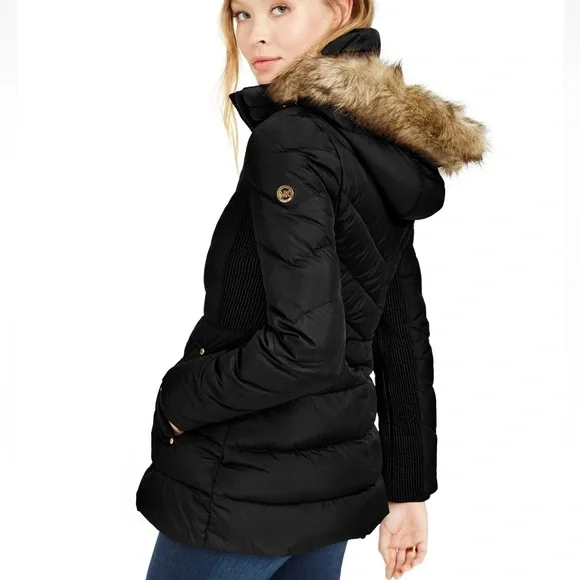Michael Kors Women Down Coat Puffer Faux Fur Trim Hooded Plus 1X Black Gold - Picture 4 of 11
